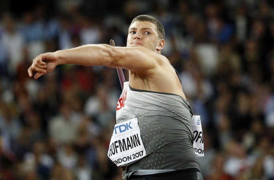 Germany’s Andreas Hofmann makes an attempt in the men’s javelin qualification during the World Athletics Championships in London Thursday, Aug. 10, 2017. (AP Photo/Matthias Schrader)