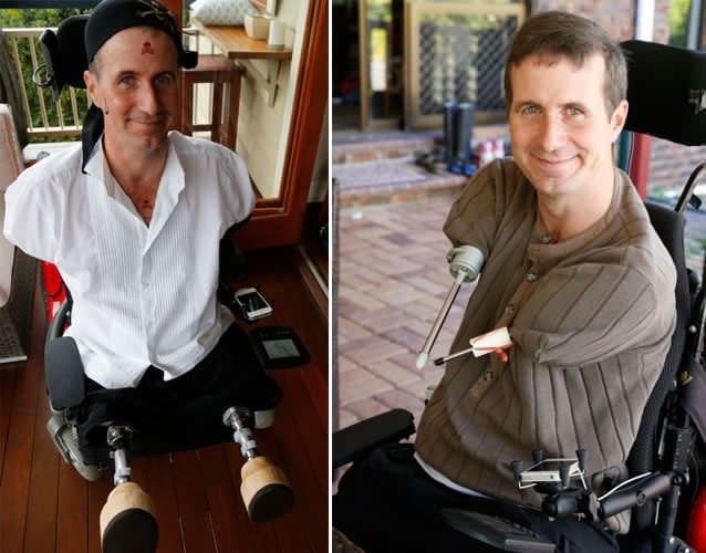 After a rare illness caused a man to have both his arms and legs amputated, he is about to get them back again with the help of science.::His training arms and legs are are ensuring his joints are able to take pressure and weight. Photo: Supplied