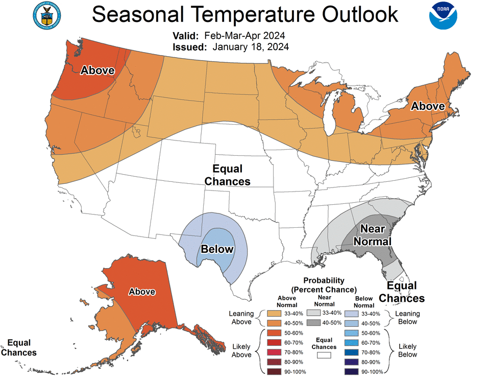 Temperatures could be warmer than normal in the Pacific Northwest, including the North State, between February and April 2024, according to the National Weather Service's Climate Prediction Center’s 2024 outlook.