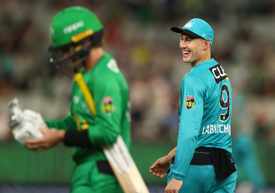 Marnus Labuschange laughs with Adam Zampa.