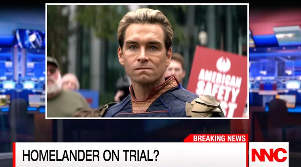 A photo of Homelander on the news on season one, episode two of "Gen V."