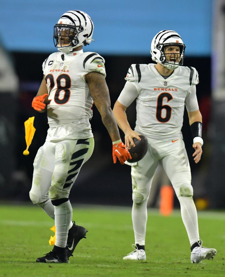 Cincinnati Bengals quarterback Jake Browning (6) reacts as he is penalized for a false start late in the fourth quarter. The Jacksonville Jaguars hosted the Cincinnati Bengals at EverBank Stadium in Jacksonville, Florida for Monday Night Football, December 4, 2023. The Jaguars were tied 14 to 14 at the end of the first half an fell in overtime with a final score of 34 to 31. [Bob Self/Florida Times-Union]