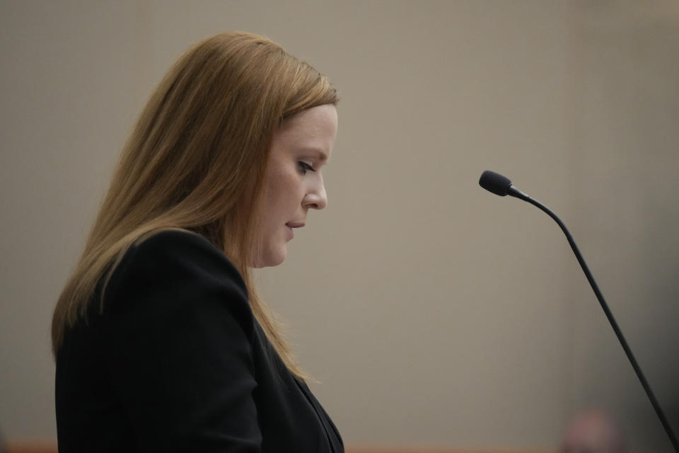 Amy Richins reads a victim impact statement describing her sister-in-law Kouri Richins as greedy and manipulative on Monday, June 12, 2023 in Park City, Utah. Kouri Richins is accused of fatally poisoning her husband and later authoring a children's book on grief. (AP Photo/Rick Bowmer, Pool)