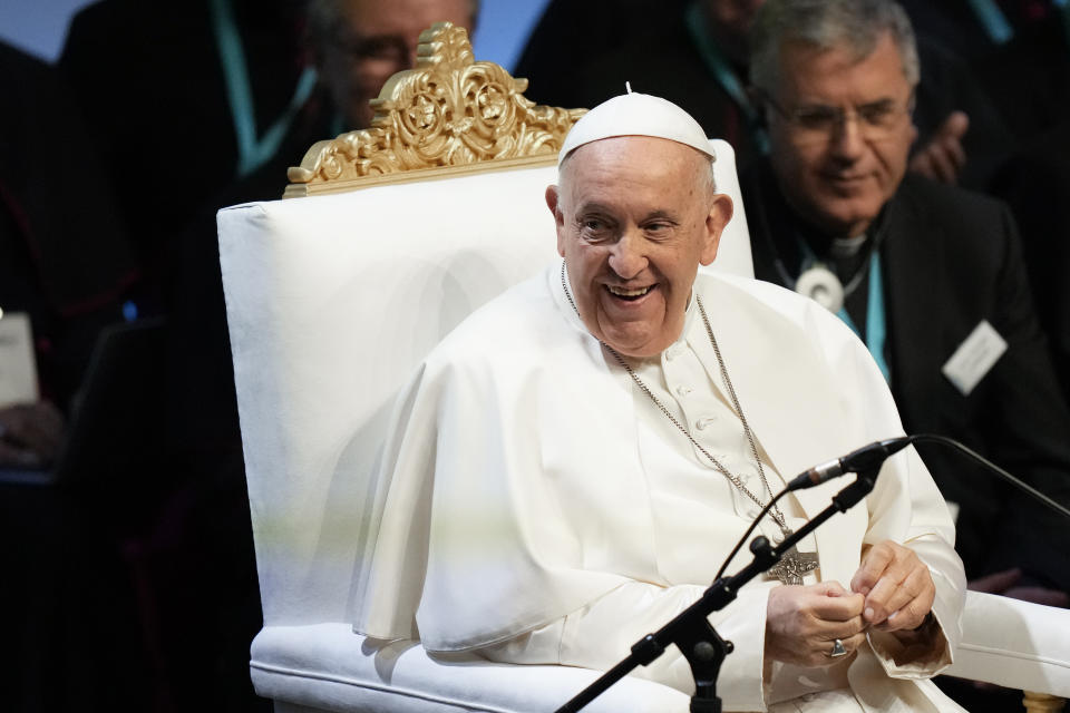 Pope Francis attends the final session of the "Rencontres Mediterraneennes" meeting at the Palais du Pharo, in Marseille, France, Saturday, Sept. 23, 2023. Francis, during a two-day visit, will join Catholic bishops from the Mediterranean region on discussions that will largely focus on migration. (AP Photo/Pavel Golovkin)