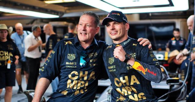 Max Verstappen and Jos Verstappen celebrate title success. Austin, October 2022. Credit: Alamy