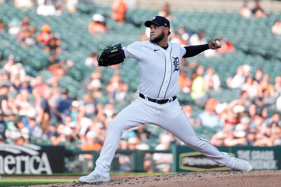 Detroit Tigers pitcher Eduardo Rodriguez (57) throws a pitch against the Oakland Athletics during the third inning at Comerica Park in Detroit on Wednesday, July 5, 2023.