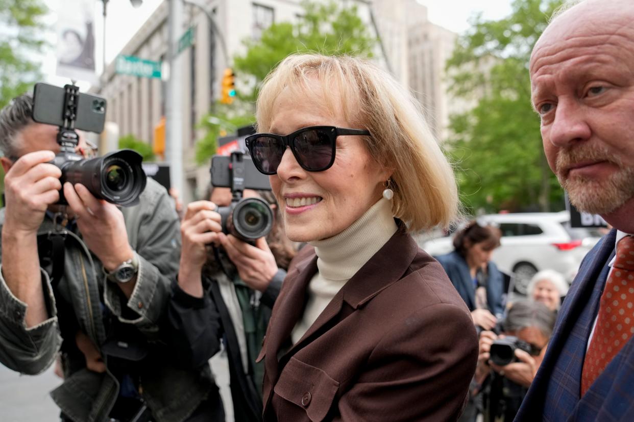 E Jean Carroll arrives at Manhattan federal court, Tuesday, 9 May 2023, in New York.  A jury in New York City is set to begin deliberations in a civil trial over Carroll’s claims that Donald Trump raped her in a luxury Manhattan department store. (AP)