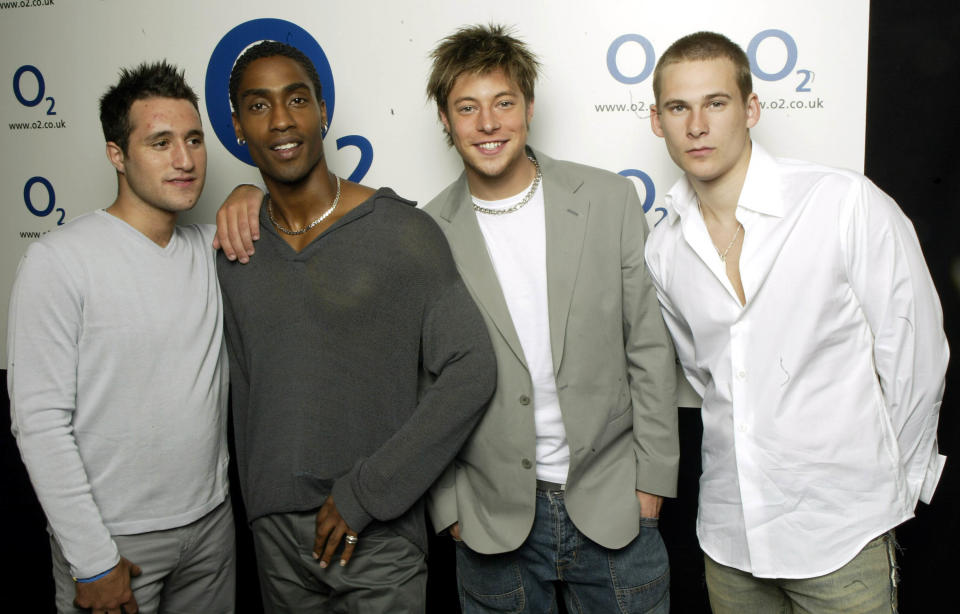 LONDON - JUNE 28: British pop stars Antony Costa (left), Simon Webbe (centre left), Duncan James (centre right) and Lee Ryan (right) of boy band 