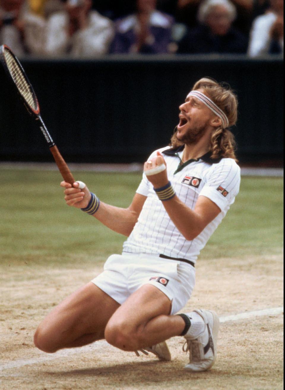 FILE - In this July 5, 1980, file photo, Bjorn Borg reacts after defeating John McEnroe to win his fifth consecutive Wimbledon singles championship. (AP Photo/Adam Stoltman, File)