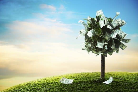 A tree on a hill with dollar bills instead of leaves.