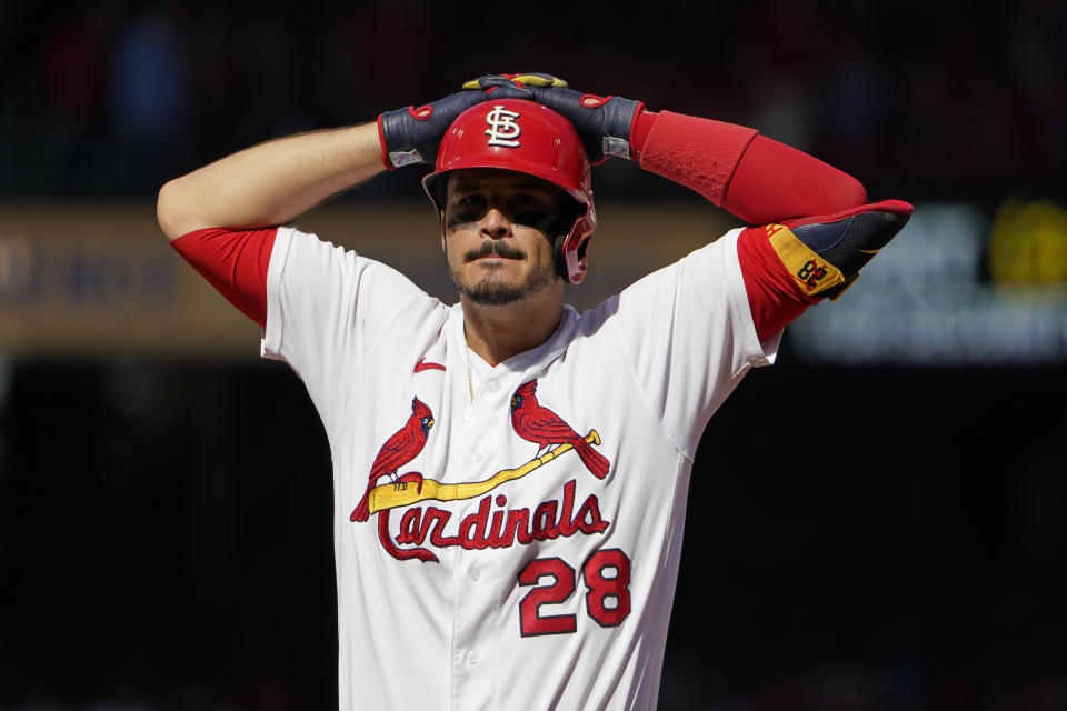 St. Louis Cardinals' Nolan Arenado reacts after flying out during the fourth inning in Game 1 of a National League wild card baseball playoff series against the Philadelphia Phillies, Friday, Oct. 7, 2022, in St. Louis. (AP Photo/Jeff Roberson)