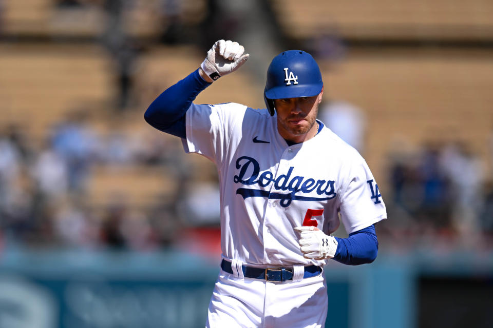 Los Angeles, CA - October 05:Dodgers Freddie Freeman, #5, homers during 3rd inning action against the Rockies at Dodger stadium Wednesday, October 5, 2022.  Wednesday was the last regular season game for the Dodgers.  The Dodgers will begin post-season play with game one in the NLDS on October 11 at home.  (Photo by David Crane/MediaNews Group/Los Angeles Daily News via Getty Images)