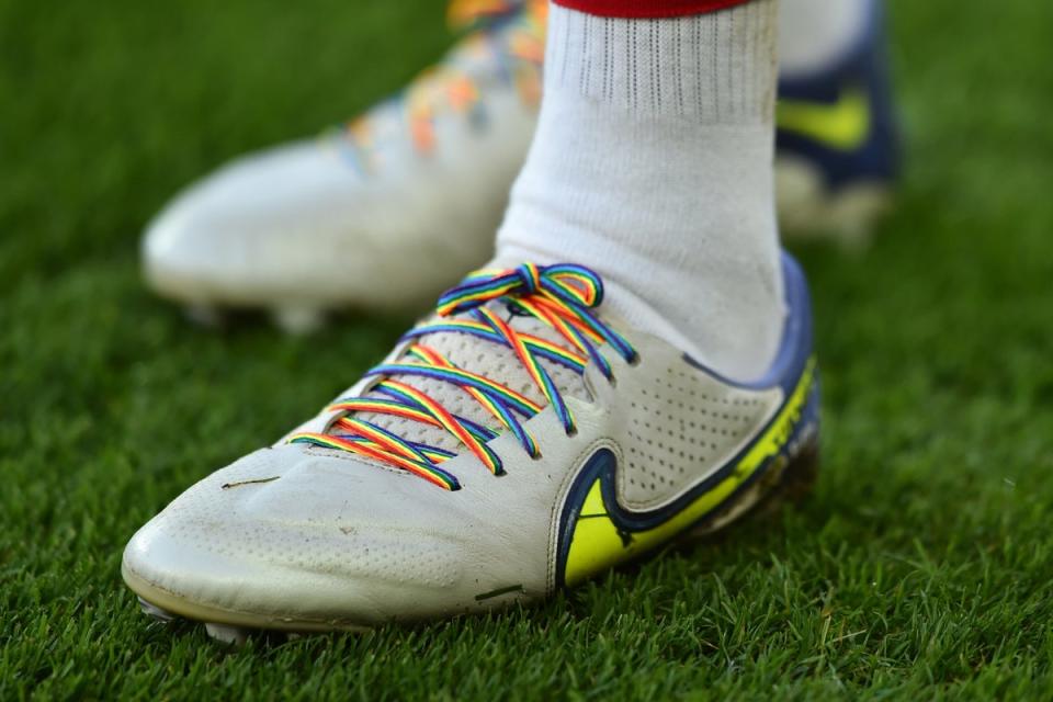 Jordan Henderson wearing rainbow laces during a match for Liverpool in November 2021 (Liverpool FC via Getty Images)