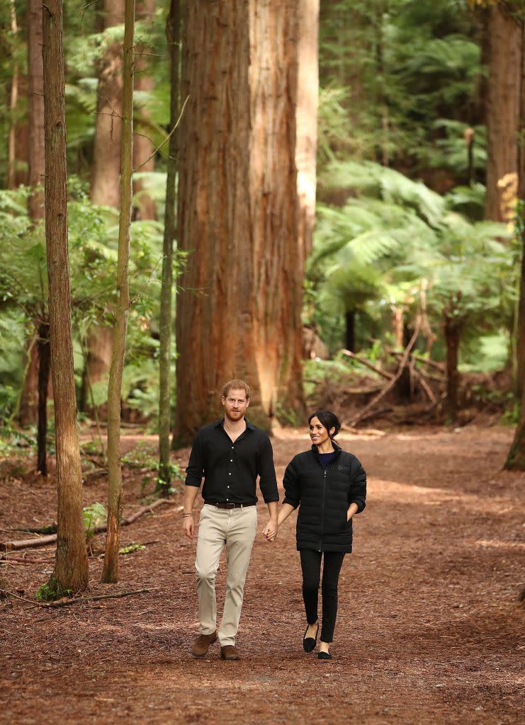 Meghan and Harry hold hands as they walk through the Redwoods Tree Walk in Rotorua.