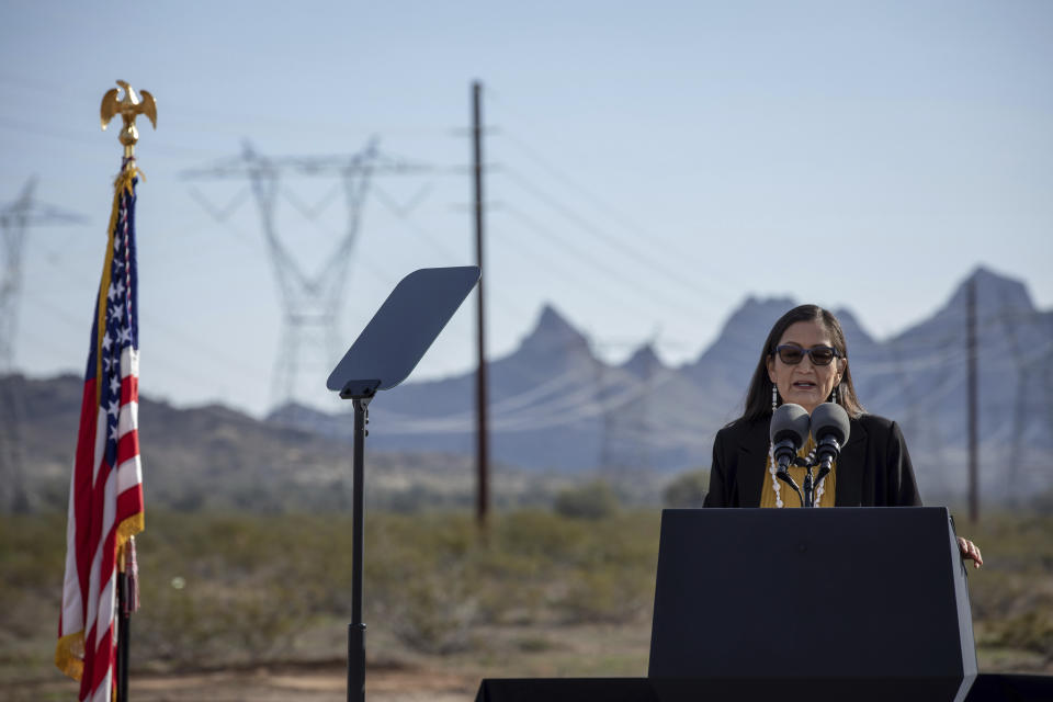 Interior Secretary Deb Haaland speaks at the groundbreaking ceremony of the Ten West Link transmission line, Thursday, Jan. 19, 2023, in Tonopah, Ariz. (AP Photo/Alberto Mariani)