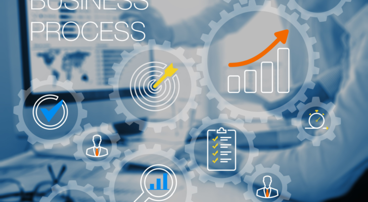 Business robotic process automation and technology concept with gears system or workflow and consultant team working on computer in office in background, automated ERP management, CRM or financial. BPA, XELA stock