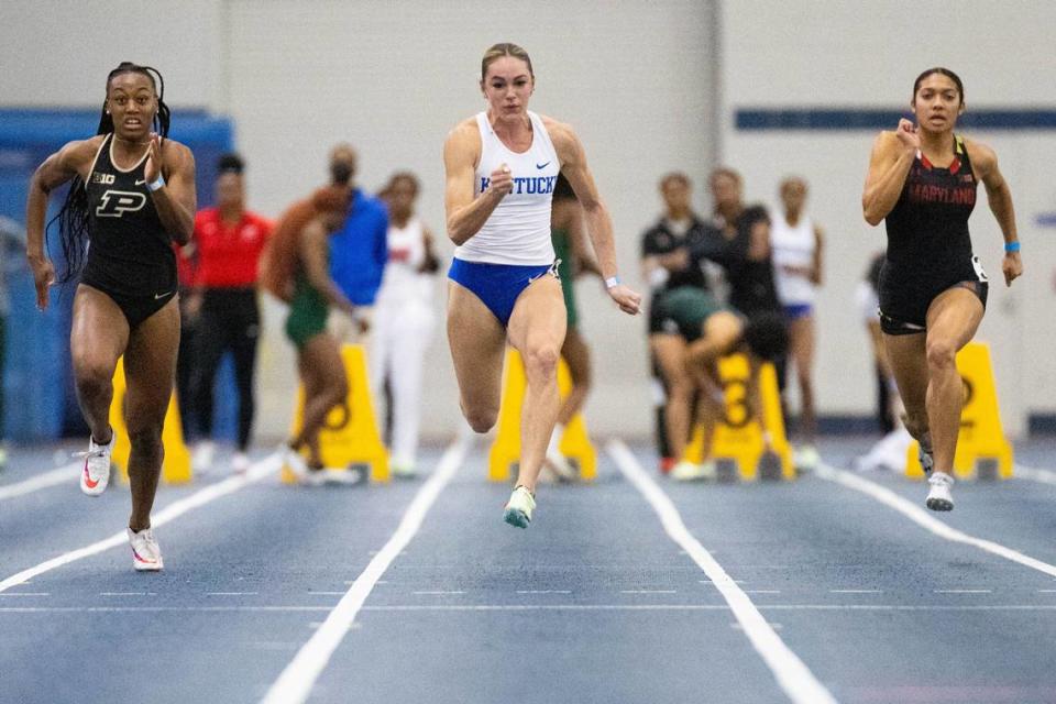 Abby Steiner, center, wins the women’s 60-meter dash during the Rod McCravy Memorial track and field meet in Lexington in January. Steiner leaves UK as one of its most decorated athletes.