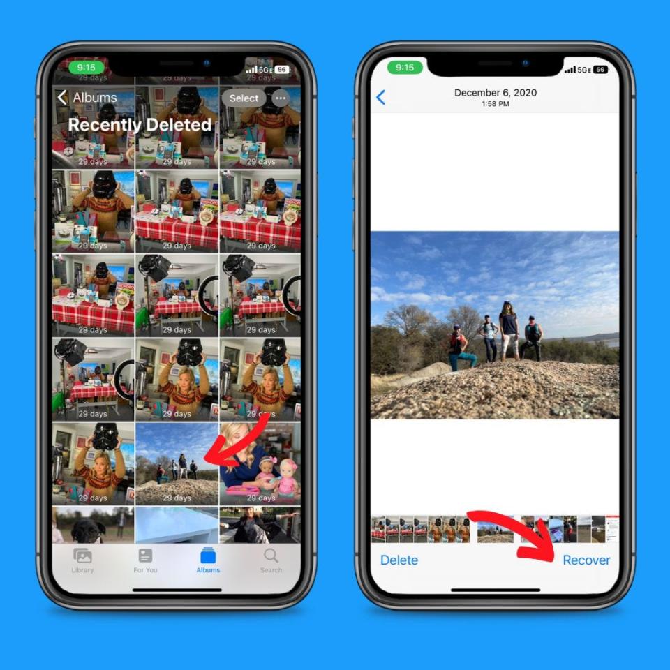 On Apple’s iOS Photos, tap “Albums” at the bottom and scroll down to “Recently Deleted.” Tap it and select “Recover” on the bottom right of the screen.