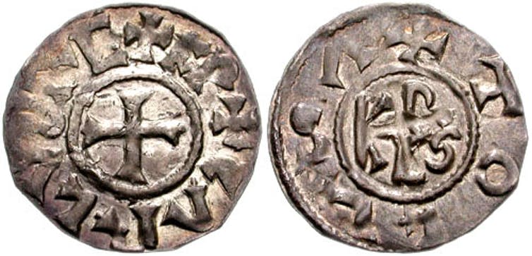 <span class="caption">A coin from the time of Charlemagne, 768-814 AD.</span> <span class="attribution"><a class="link " href="https://commons.wikimedia.org/wiki/File:Denier_Charlemagne1.jpg" rel="nofollow noopener" target="_blank" data-ylk="slk:Classical Numismatic Group;elm:context_link;itc:0;sec:content-canvas">Classical Numismatic Group</a>, <a class="link " href="http://creativecommons.org/licenses/by-sa/4.0/" rel="nofollow noopener" target="_blank" data-ylk="slk:CC BY-SA;elm:context_link;itc:0;sec:content-canvas">CC BY-SA</a></span>