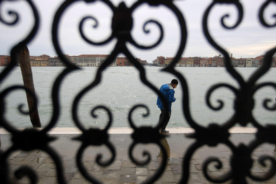 Water starts rising again in Venice, Italy, Saturday, Nov. 16, 2019. High tidal waters returned to Venice on Saturday, four days after the city experienced its worst flooding in 50 years. (AP Photo/Luca Bruno)