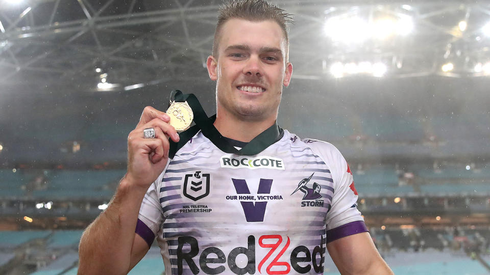 Ryan Papenhuyzen, pictured here with the Clive Churchill Medal after the NRL grand final.