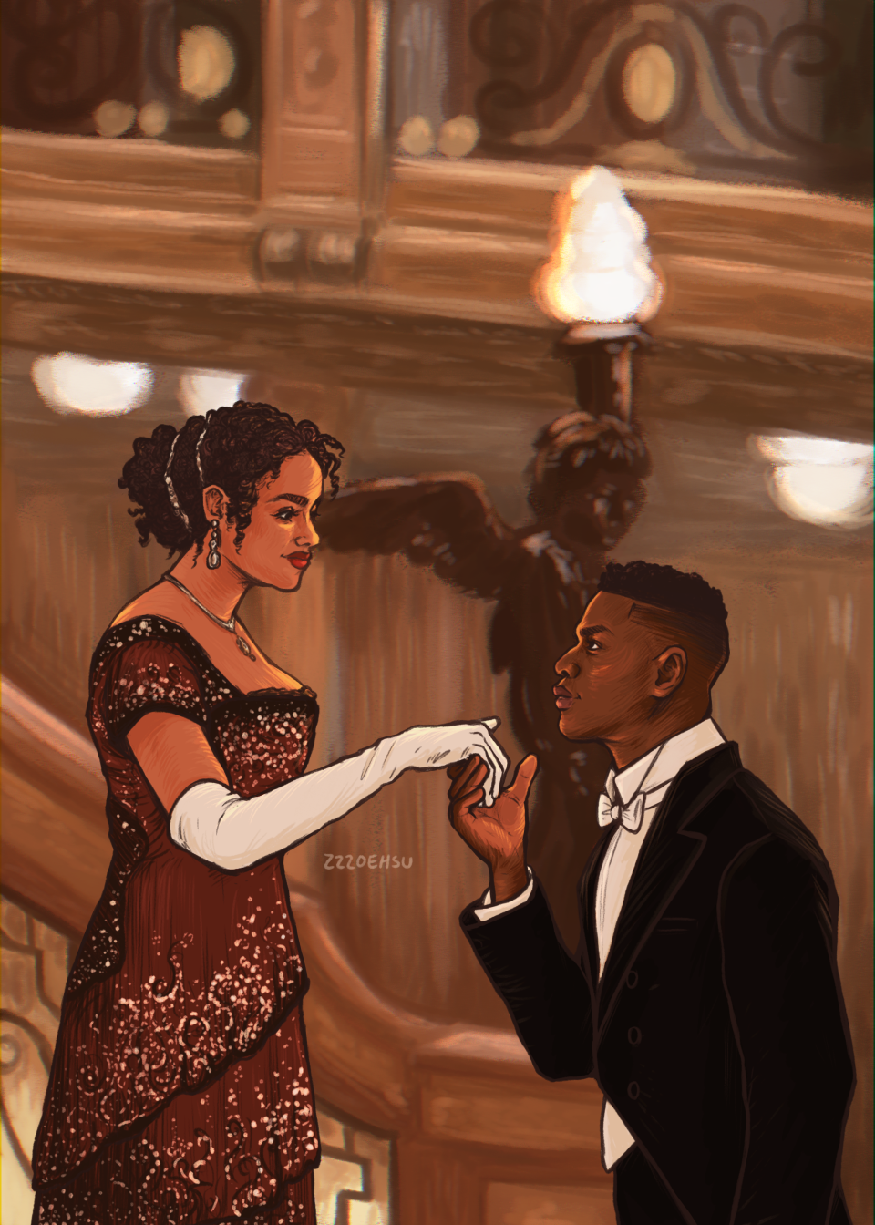 John Boyega shared Zoe Hsu's illustration of him and Nathalie Emmanuel as Rose and Jack in Titanic. (Image: Courtesy of Zoe Hsu)