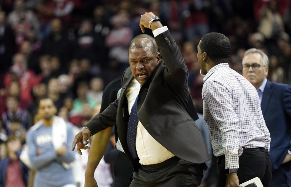 Austin Rivers encouraged officials to eject his dad Doc Rivers during a late-game meltdown. (AP Photo/David J. Phillip)