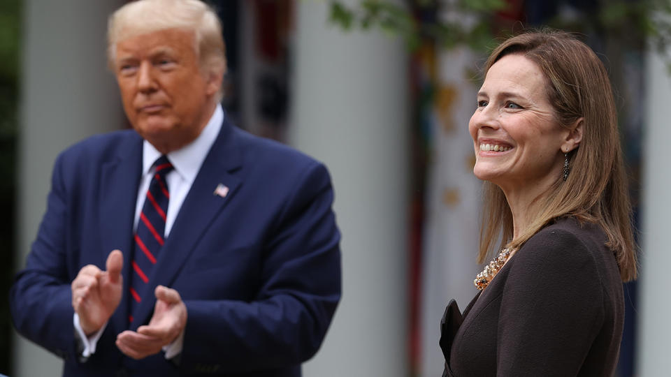 President Donald Trump (L) introduces 7th U.S. Circuit Court Judge Amy Coney Barrett as his nominee to the Supreme Court in the Rose Garden at the White House September 26, 2020 in Washington, DC. (Chip Somodevilla/Getty Images)