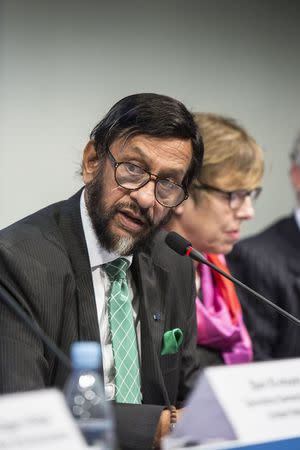 Rajendra Pachauri, chairman of the Intergovernmental Panel on Climate Change (IPCC) presents the AR5 Synthesis Report during a news conference in Copenhagen November 2, 2014. REUTERS/Niels Ahlmann Olesen/Scanpix Denmark