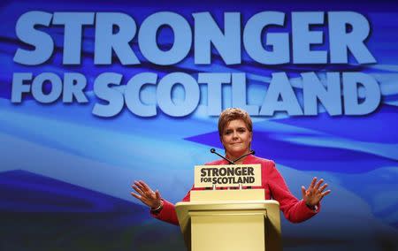 Party leader Nicola Sturgeon speaks at the Scottish National Party's conference in Aberdeen, Scotland, Britain March 18, 2017. REUTERS/Russell Cheyne