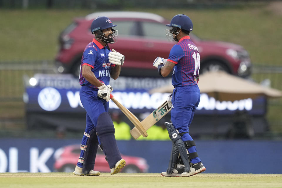 Nepal's Sompal Kami and Dipendra Singh Airee cheer each others during the Asia Cup cricket match between India and Nepal in Pallekele, Sri Lanka on Monday, Sep. 4. (AP Photo/Eranga Jayawardena)