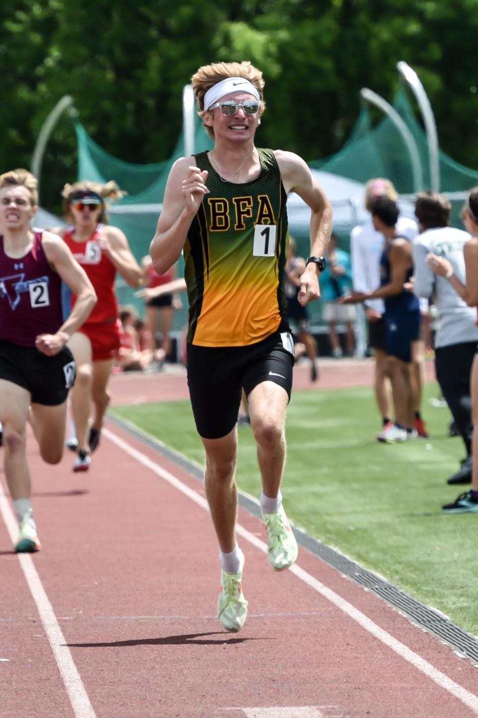 BFA's Ethan Mashtare wins the 800 meter run at the 2022 Vermont D1 State Track and Field Championships held at Burlington High School.
