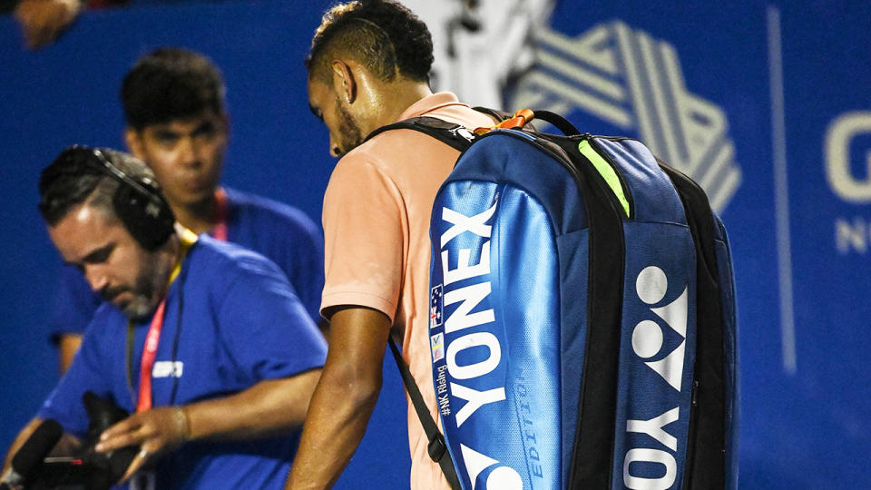 Nick Kyrgios, pictured here leaving the court after retiring hurt in Mexico.