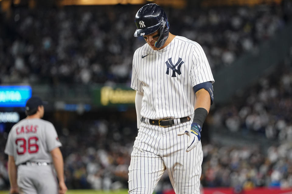 New York Yankees' Aaron Judge reacts after hitting a fly out during the ninth inning of a baseball game against the Boston Red Sox Thursday, Sept. 22, 2022, in New York. (AP Photo/Frank Franklin II)