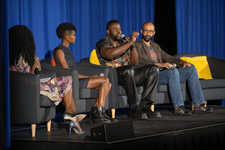 Nzinga Blake, Letitia Wright, Winston Duke, and Nate Moore