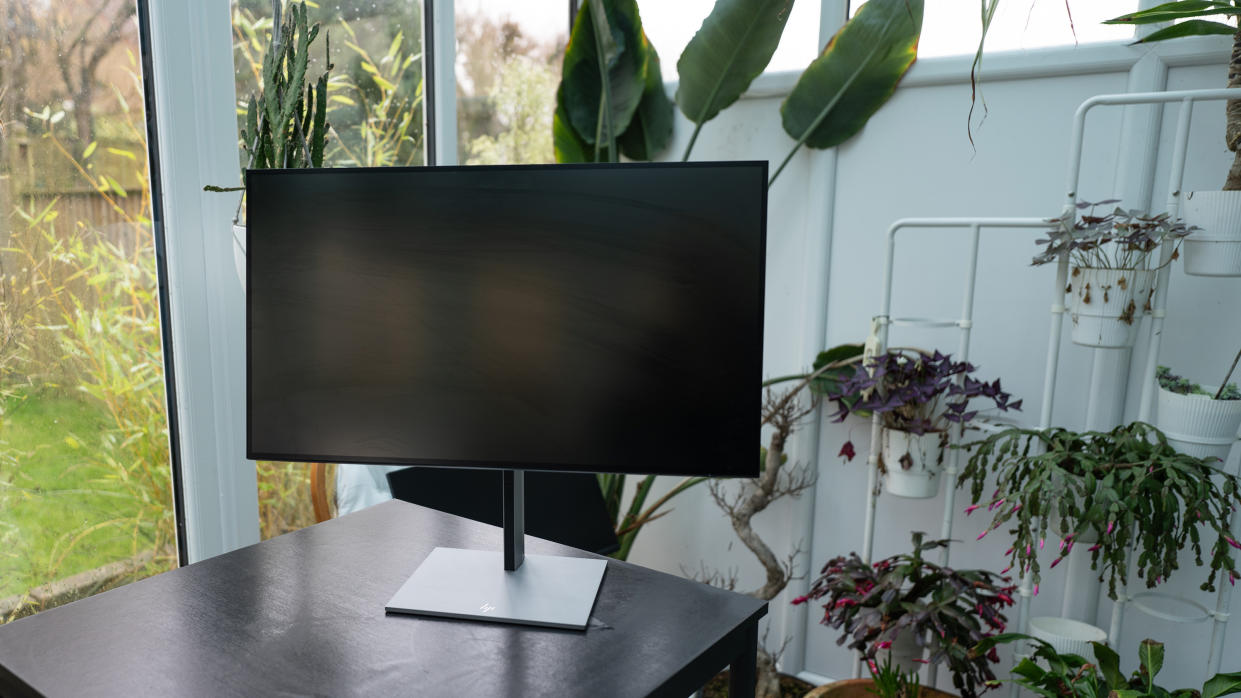  A silver HP Z27u G3 monitor on a bright desk. 