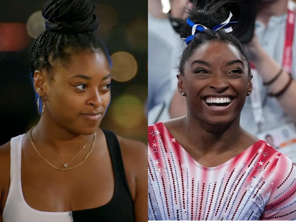 left: adria biles, looking to the side and wearing a black and white dress; right: simone biles, in a gymnatics unitard and grinning widely