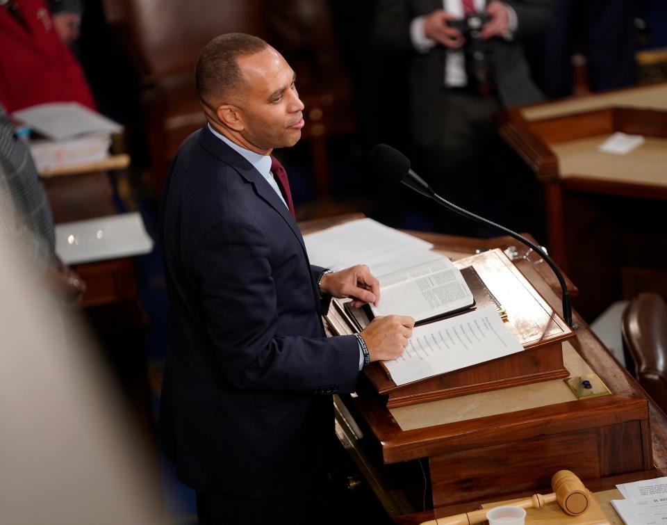 Jan. 7, 2023; Washington, DC, USA; Hakeem Jefferies, (D-NY) speaks during a session of the House of Representatives reconvened to elect a speaker of the House. Kevin McCarthy (R-Calif.) was elected speaker of the House of Representatives on the 15th ballot. Mandatory Credit: Jack Gruber-USA TODAY