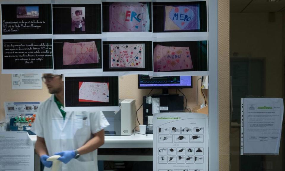 Children’s drawings and messages are displayed in support of health workers during the Covid-19 pandemic, at the emergency department of the Delafontaine hospital in Saint-Denis, Paris.