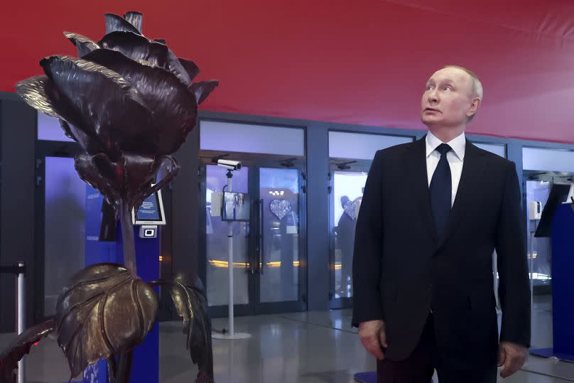 Russian President Vladimir Putin visits the Russia Expo international exhibition and forum at the VDNKh in Moscow, December 2023