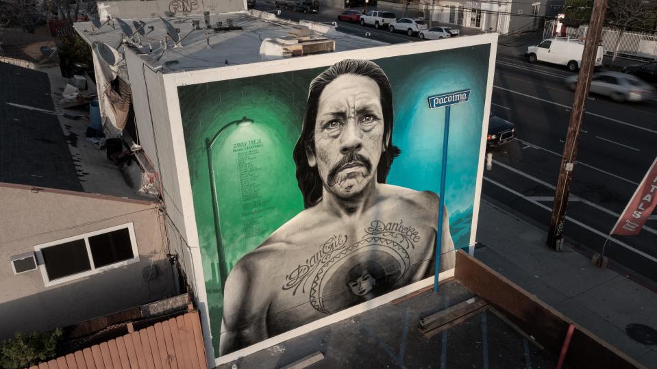 The Danny Trejo Mural by artist Levi Ponce was first painted in 2011 and got a touch-up this March. "It was time for an upgrade," Ponce says of the mural located on Van Nuys Boulevard's Mural Mile in Pacoima, Calif.