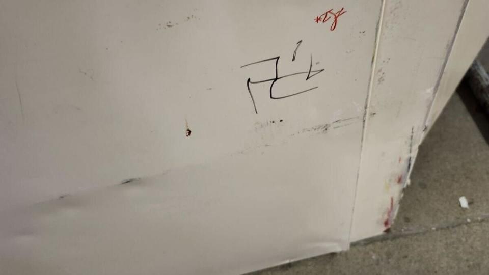 A swastika was scrawled onto a wall locker at the School of Infantry-West, a Marine there said. (Photo obtained by Marine Corps Times)