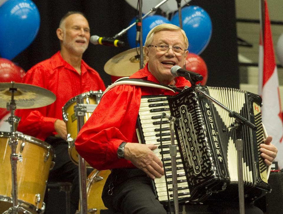 Canadian entertainers Walter Ostanek, right, and drummer John Gerl of "Walter Ostanek's Band" perform "The Cleveland Polka" during the Snowbird Extravaganza in 2016.