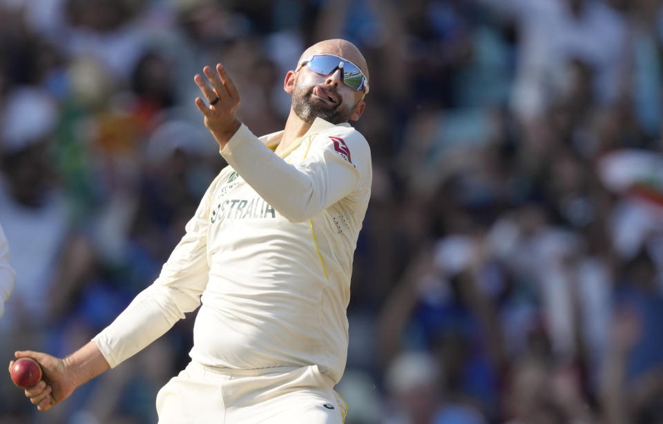 Australia's Nathan Lyon bowls on the fourth day of the ICC World Test Championship Final between India and Australia at The Oval cricket ground in London, Saturday, June 10, 2023. (AP Photo/Kirsty Wigglesworth)