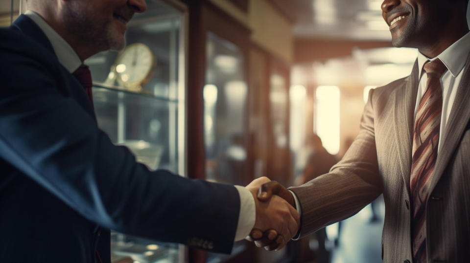 A close-up of a loan officer offering a helping hand and sharing a smile with a customer.