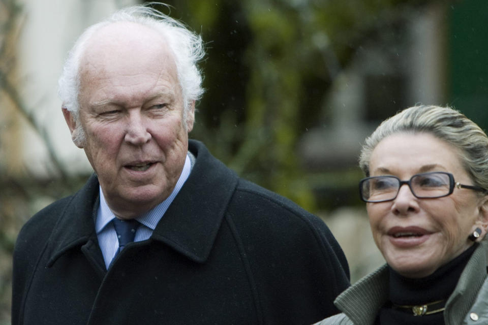 FILE - Prince Vittorio Emanuele from Savoy, left, and his wife Marina Doria, participate in a memorial service for the 100th birthday of the Polish-French artist Balthus, in Rossiniere, Switzerland, Friday, Feb. 29, 2008. Prince Vittorio Emanuele, son of Italy’s last king, Umberto II, has died. He was 86. The Savoy Royal House said in a statement that he died on Saturday, Feb. 3, 2024, in Geneva, Switzerland. Vittorio Emanuele was obliged to leave Italy for exile when he was only 9, after Italians voted to abolish the monarchy in 1946. (Peter Schneider/Keystone via AP)