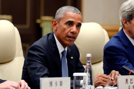 U.S. President Barack Obama speaks as he meets with Chinese President Xi Jinping (not pictured) before the G20 Summit at the West Lake State Guest House in Hangzhou, Zhejiang province, China, September 3, 2016. REUTERS/Wang Zhao/Pool