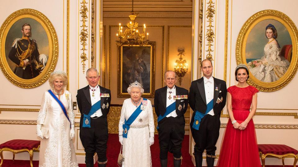 The Queen, The Duke of Edinburgh, The Prince of Wales, The Duchess of Cornwall and The Duke and Duchess of Cambridge attend the Queen's Diplomatic Reception at Buckingham Palace, London, UK, on the 8th December 2016. Picture by Dominic Lipinski/WPA-Pool. 08 Dec 2016 Pictured: Camilla, Duchess of Cornwall, Prince Charles, Prince of Wales, Queen, Queen Elizabeth, Prince Philip, Duke of Edinburgh, Prince William, Duke of Cambridge, Catherine, Duchess of Cambridge, Kate Middleton.