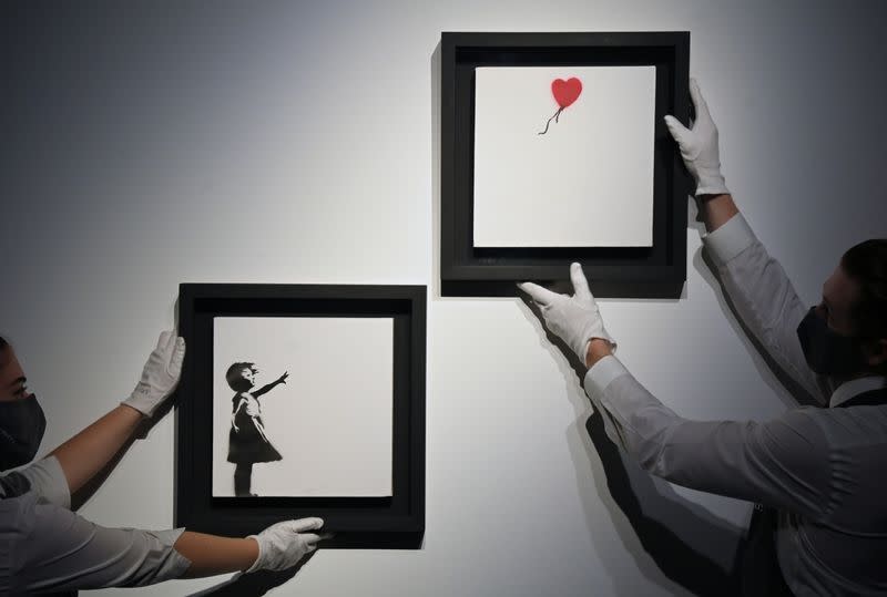 "Girl With Balloon" diptych by Banksy displayed ahead of upcoming auction at Christie's in London