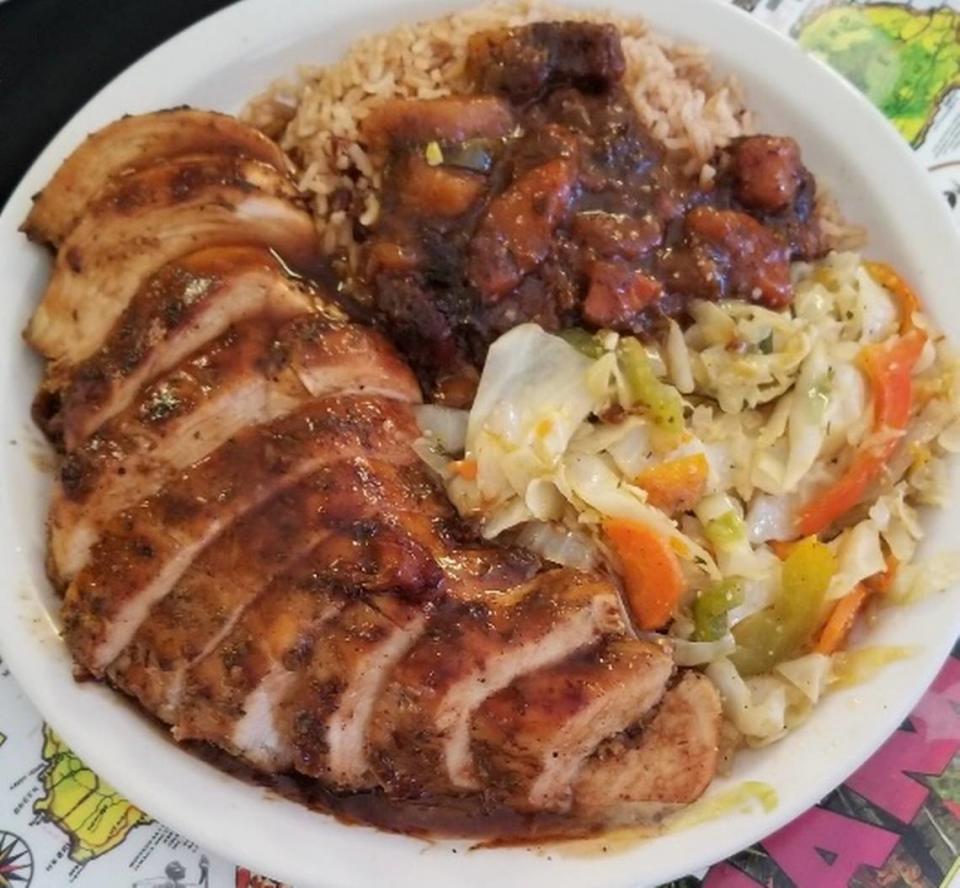 The jerk chicken dinner at Rodney’s Jamaican Grill is served with two sides and sells for $14 at Rodney’s Jamaican Grill, 420 67th St. W., Bradenton.